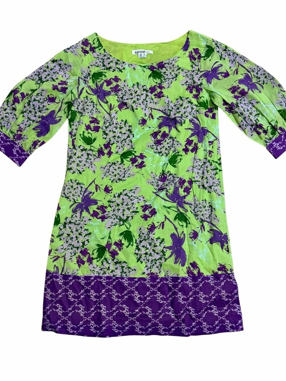 Kensie Green Purple Floral Pullover Shift Dress 100% Cotton Size Small NWT